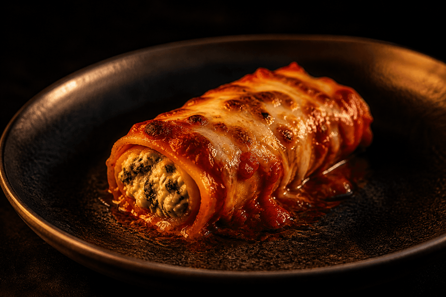 Un canelón con salsa y queso, servido en un plato oscuro