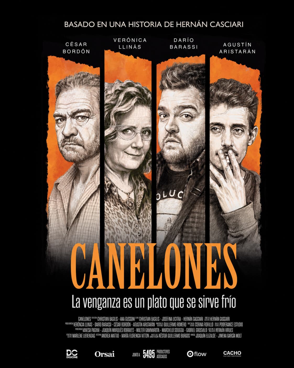 Afiche oficial de Canelones: César Bordón, Verónica Llinás, Darío Barassi y Agustín Aristarán sobre fondo naranja